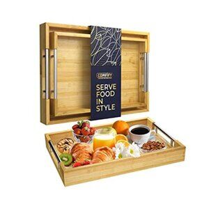 Bamboo Serving Trays Set Coffee Table Ottoman Breakfast Bed